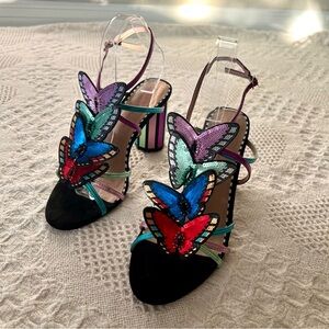 Betsey Johnson Mannyy Rainbow Sequin Butterfly Embellished Metallic Heels Sz 8.5